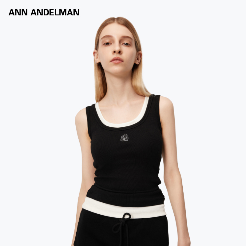 Ann Andelman Official Store 2025 New Product Logo Fake Two-Piece Black and White Tank Top Sleeveless Slim Fit Top
