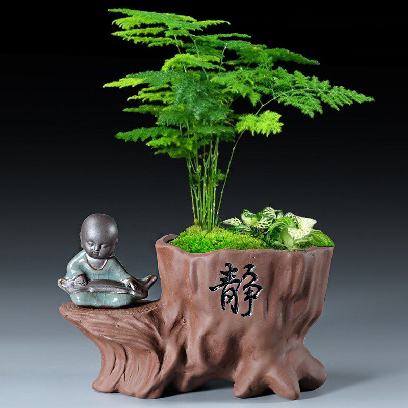 Zisha ceramic flowerpot creative combination Wenzhu potted living room desktop Zen small monk ornaments calamus retro pot