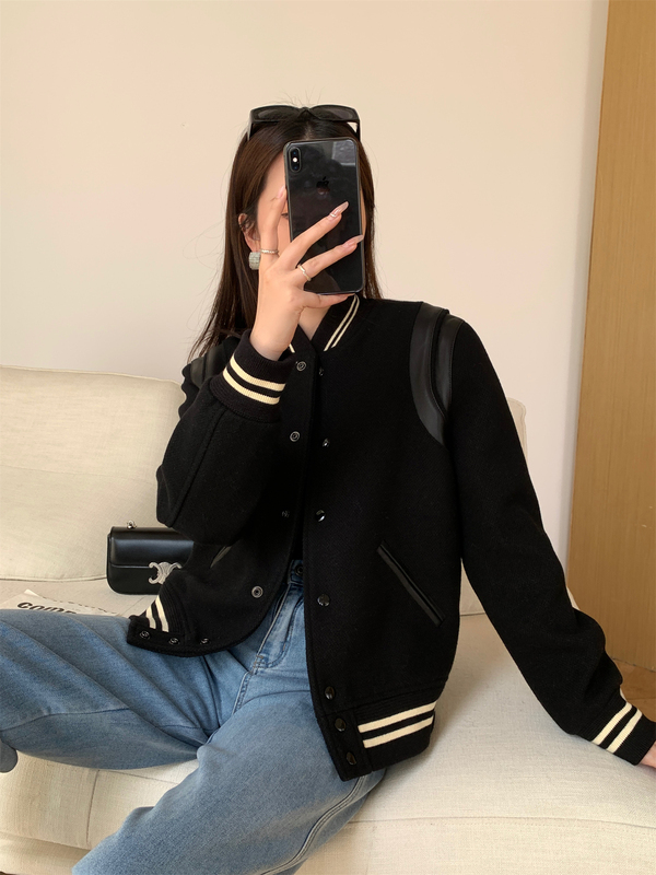 Slp Style Baseball Uniform, Woolen Jacket for Women, Genuine Leather Splicing, New Men's Short Jacket, Couple Outfit