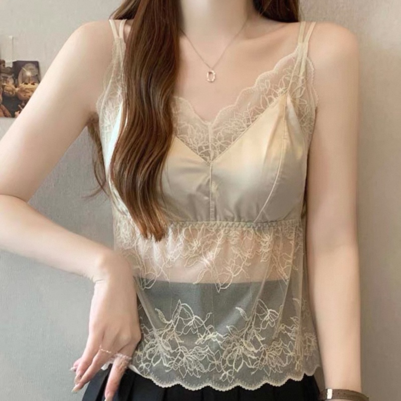 Sexy Lace Camisole for Women with Padded Bra, Satin Double Shoulder Straps, Can Be Worn as an Inner Layer or Outer Top, Stylish Back Design