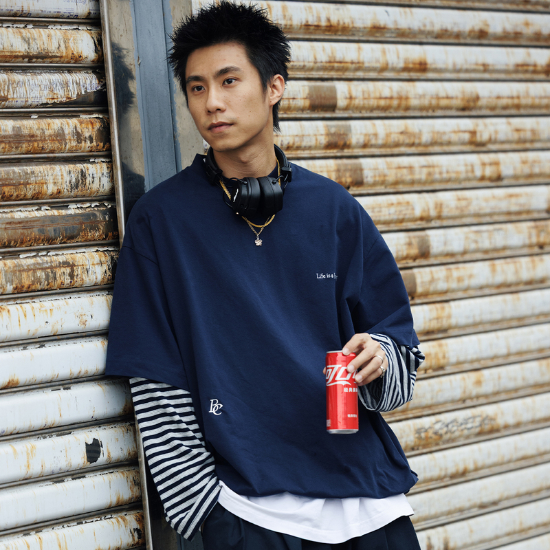 Bananaclub “Layered Tee” Solona Fake Two-Piece Breathable Striped Balloon Drawstring Long-Sleeve T-Shirt