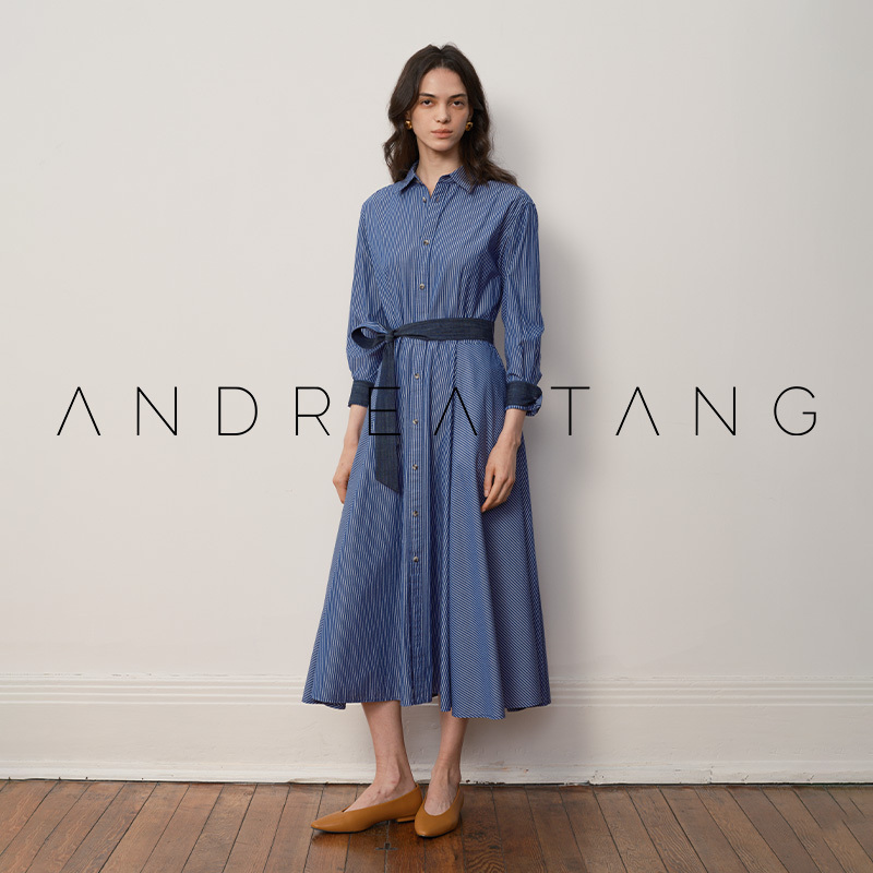 Andrea Tang｜Dress Blue Sail Midi｜Blue Striped Pure Cotton Waist-Cinching Mid-Length Shirt Dress