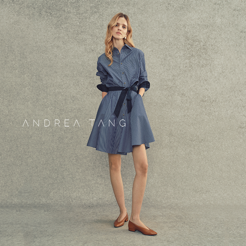 Andrea Tang|Dress Blue Sail|Blue and White Striped Pure Cotton Waist-Cinching Shirt Dress Short Skirt for Women Andrea Tang|Dress Blue Sail|Blue and White Striped Pure Cotton Waist-Cinching Shirt Dress Short Skirt for Women