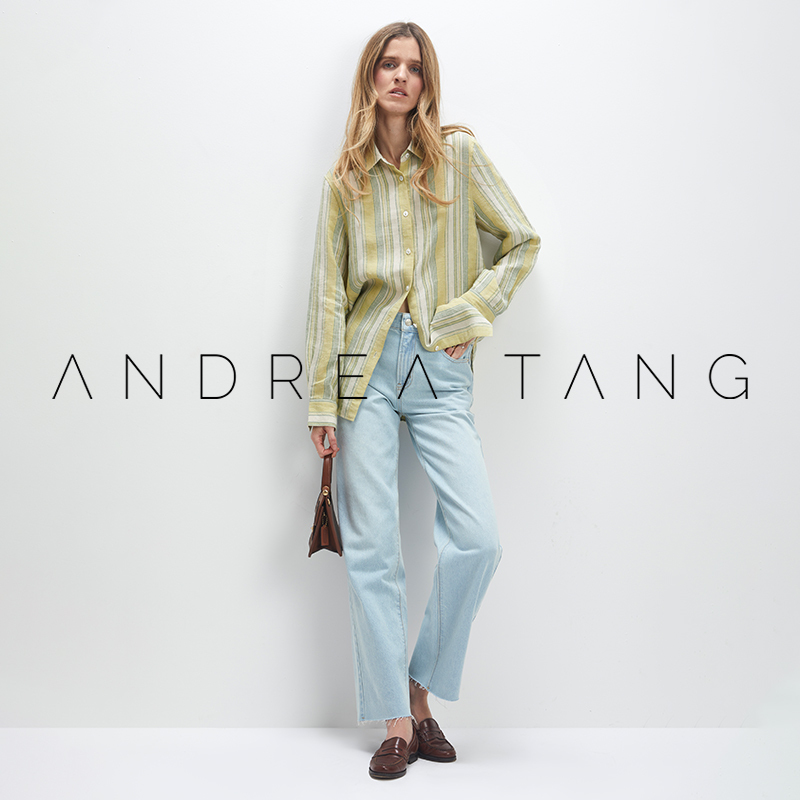 Andrea Tang｜Shirt Ivy｜Casual and Refreshing Pure Linen Green Striped Loose Long-Sleeved Shirt