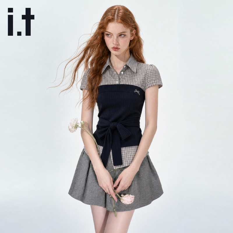 It Izzue Shoulder-Defining Waist-Slimming Hot Girl Tie-Up Top Korean Style Fake Two-Piece Short-Sleeve Shirt for Women Summer Outfit