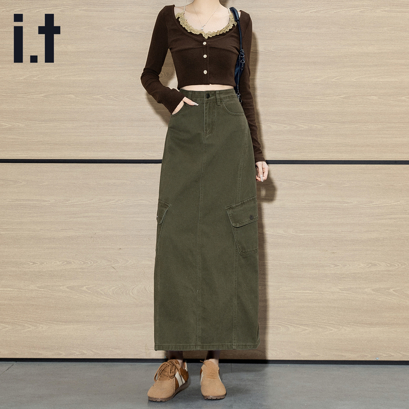 It Izzue Dark Green American Retro Style Mid-Length Workwear Denim Skirt with Back Slit for Women, New for Spring 2026