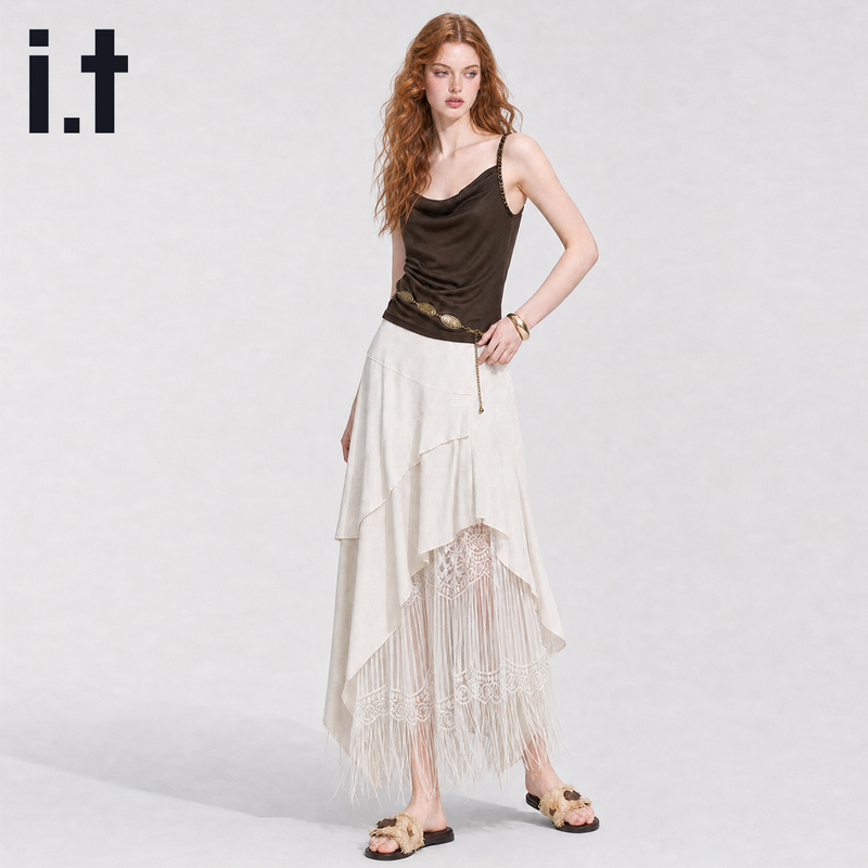 It Izzue Nomadic Style Apricot White Asymmetrical Hem Tassel Midi Skirt Long Wasteland Style Outfit Long Skirt It Izzue Nomadic Style Apricot White Asymmetrical Hem Tassel Midi Skirt Long Wasteland Style Outfit Long Skirt