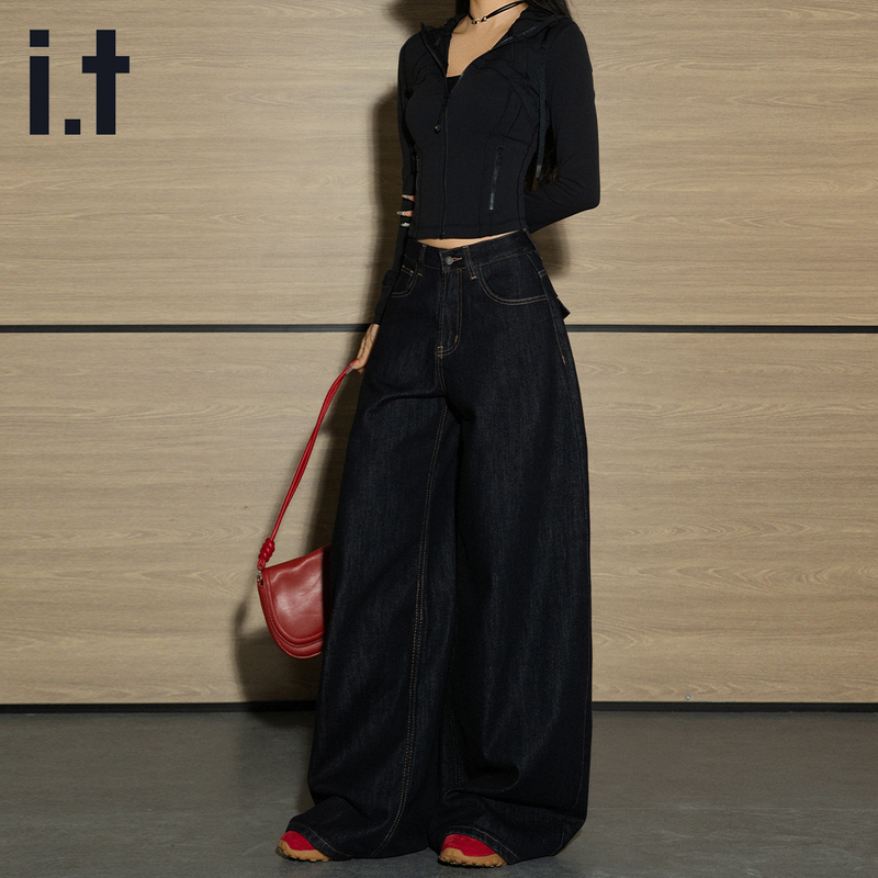 It Izzue Dark Blue Spring and Summer Straight-Leg Jeans for Women, American Style High-Waisted, Slimming, Loose, Drapey, Wide-Leg, Floor-Length Pants