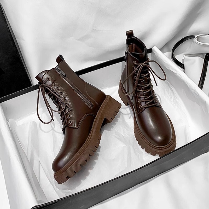 Women's Martin Boots with Fleece Lining, 2026 Spring and Winter New Style, Versatile Chunky Heel, British Style, Brown Thick-Soled High-Heeled Short Boots, Biker Style Women's Martin Boots with Fleece Lining, 2026 Spring and Winter New Style, Versatile Chunky Heel, British Style, Brown Thick-Soled High-Heeled Short Boots, Biker Style