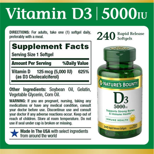 American Natures Bounty Natural Treasure Vitamin D3 Capsules Bone Health 5000iu