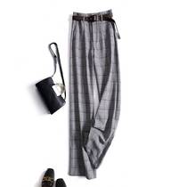 Elegant Gray ~ with belt style Plaid wide leg pants show leg length niche design sense casual straight trousers women