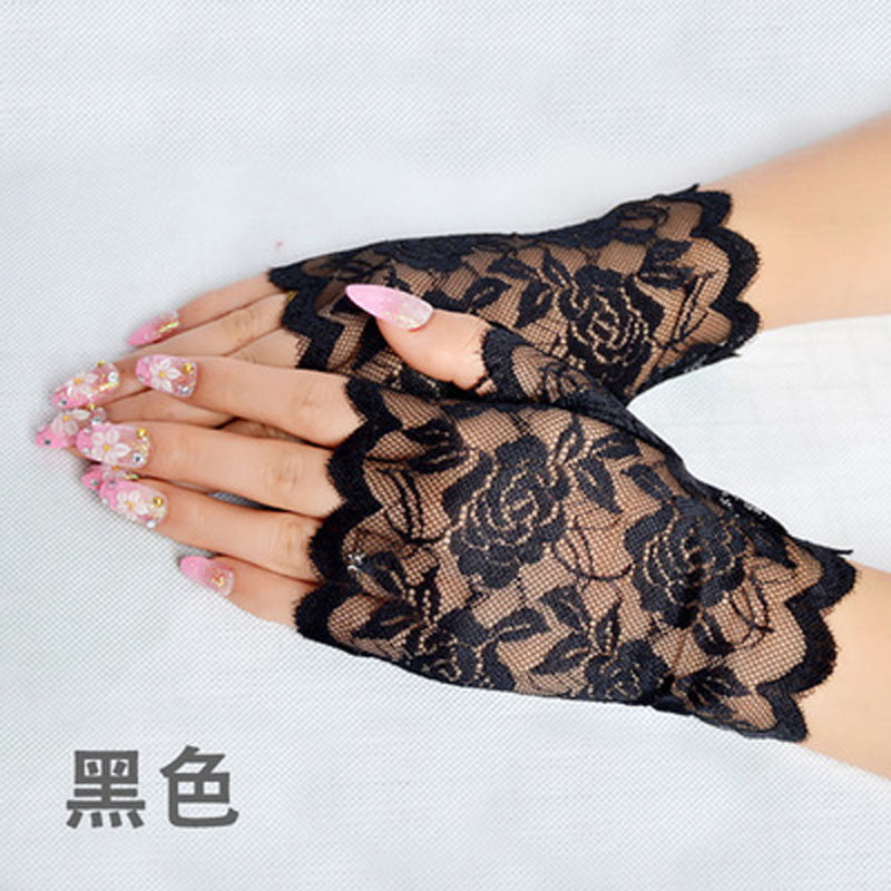Lace BlackLace glove Covering scar female Thin Exposed finger glove Spring and summer Sunscreen Jittebug  glove