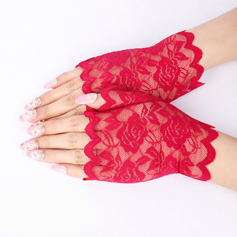 Lace RedLace glove Covering scar female Thin Exposed finger glove Spring and summer Sunscreen Jittebug  glove