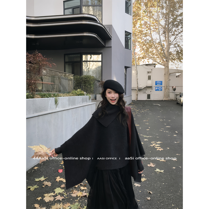44Aasi Miss Suzuki 80% Wool Cape Shawl Irregular Sweater Autumn and Winter Thickened Large Lapel Top