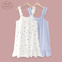 ins wind teenage girl summer thin pure cotton gauze full cotton sweet pure color floral lace sleeveless midskirt with nepotism pyjamas dress