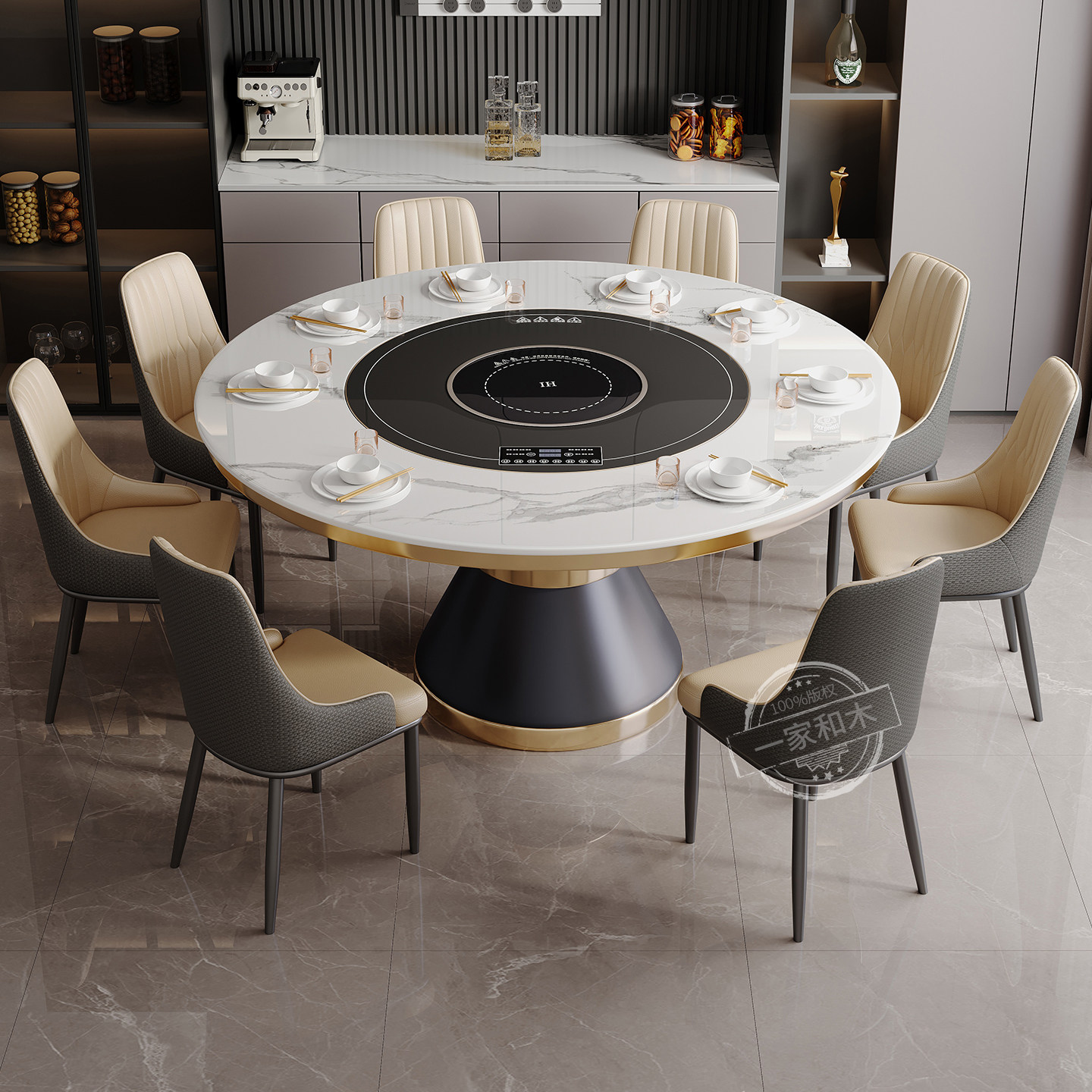 Intelligent high-end rock slab dining table embedded with induction cooker, heating plate, electric turntable integrated table, household dining table, large round table (1627207:38715299819:Color classification:1.6-meter table+8 high-end armchairs)