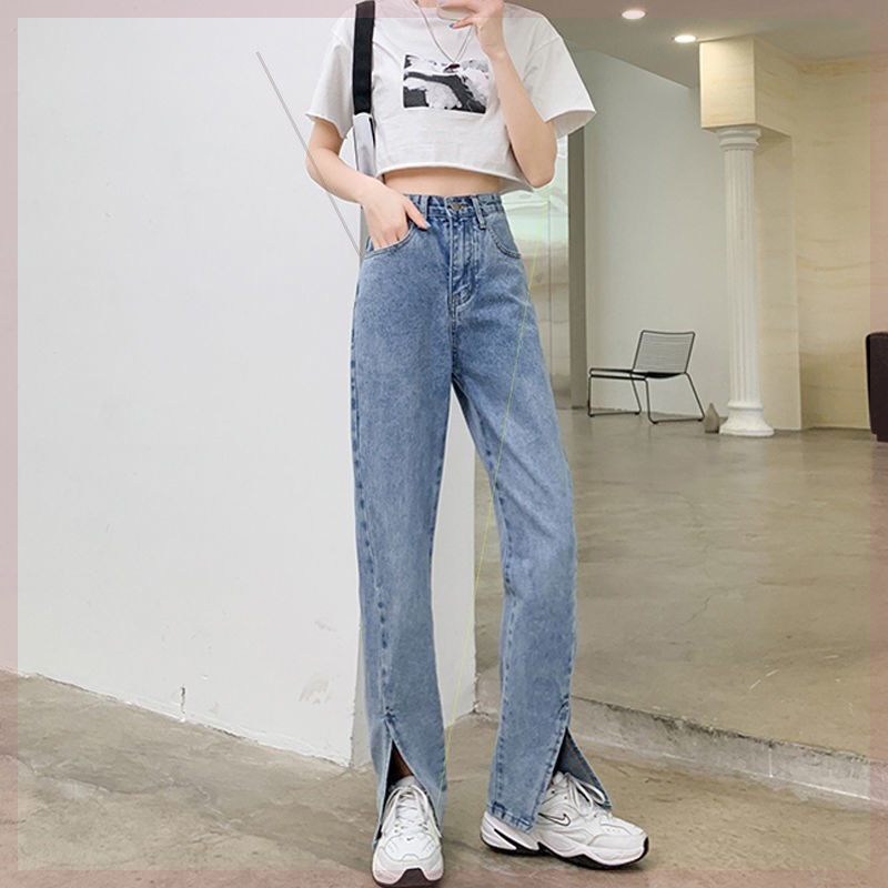 Front Open Fork Pants Open Fork Straight Drum Woman 2022 Spring paragraph Loose With High Waist Pituality Bifurcated Broadleg Tug Pants