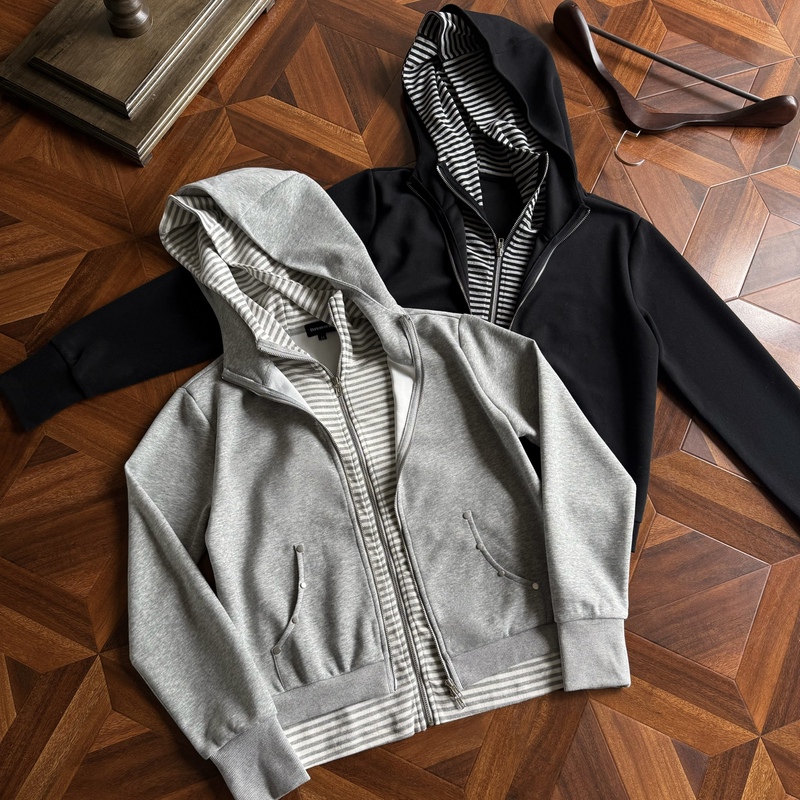 Dawnverse'Rebel Punk' Fake Two-Piece Striped Studded Pocket Hooded Zip-Up Sweatshirt Cardigan Slim