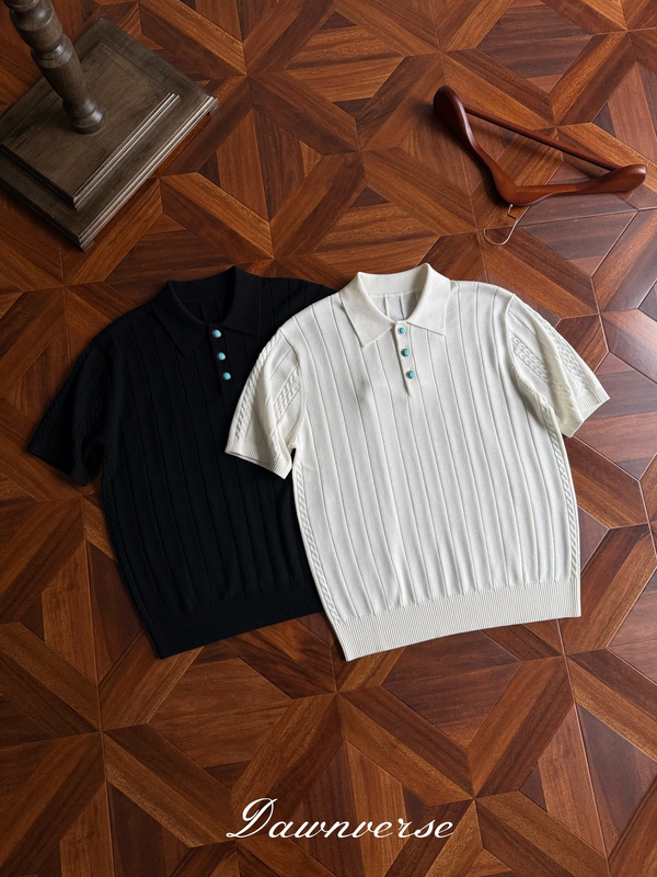 Dawnverse Ribbed Wheat Ear Turquoise Button Knit Silk Wool Polo Short Sleeve Elegant Old Money Style