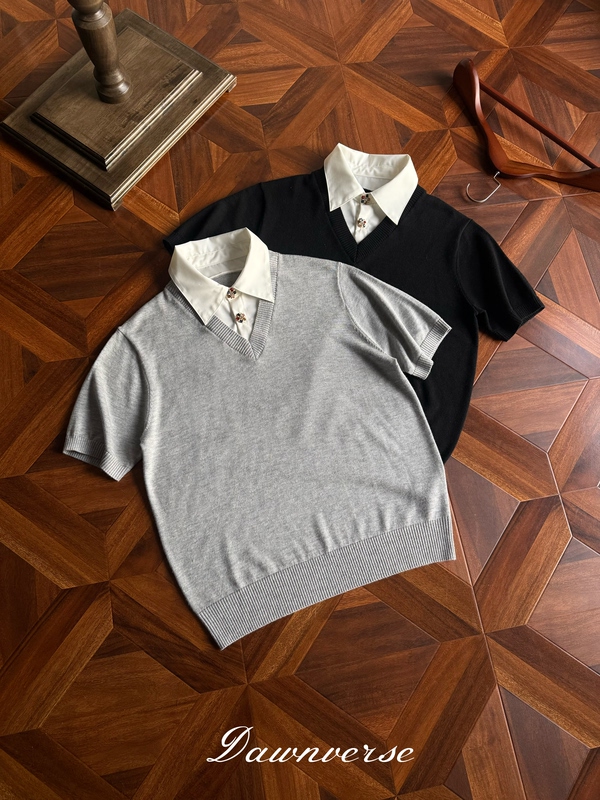 Dawnverse "Court Gems" Faux Two-Piece V-Neck Polo Cashmere Blend Knit Short-Sleeve Elegant Old Money Style