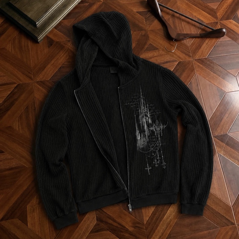 Dawnverse'Gothic Castle' Slogan Printed Waffle Knit Hooded Sweatshirt Jacket Retro Light Street Style