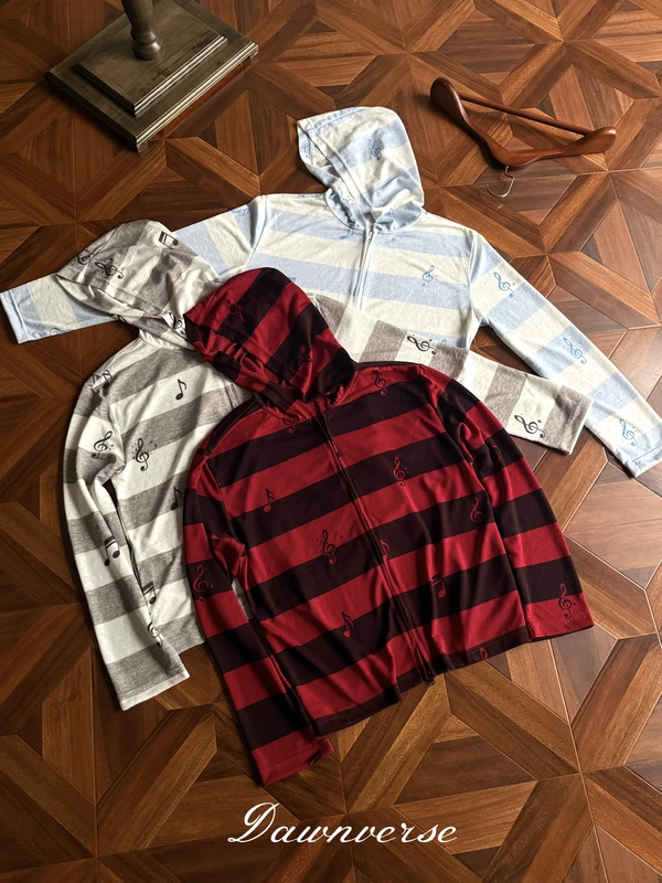 Dawnverse Striped Musical Note Color-Blocked Lyocell Tencel Zip-Up Hooded Sweatshirt Light Street Style Breathable