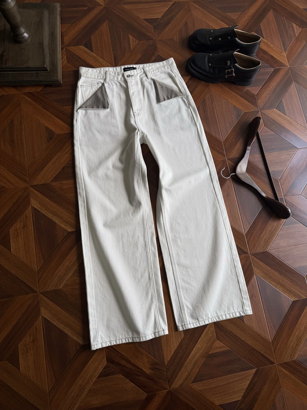 Dawnverse Houndstooth Patchwork Flap Pocket Heavyweight White Washed A-Line Straight-Leg Flared Wide-Leg Silhouette Jeans