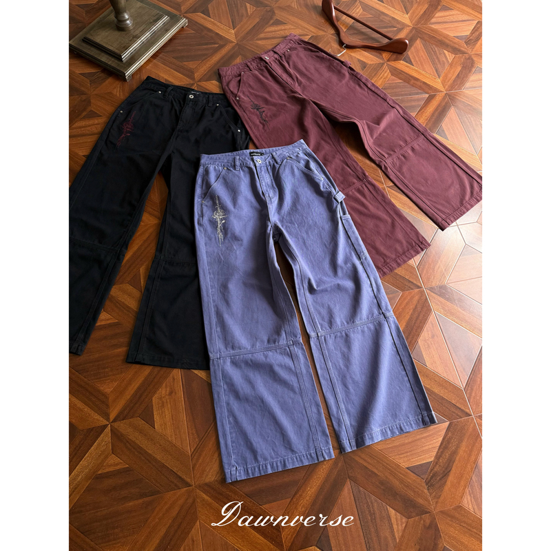 Dawnverse "Blood Blade Rose" Mole Skin Blue Washed Vintage Embroidered Horsehair A-Line Wide-Leg Work Pants