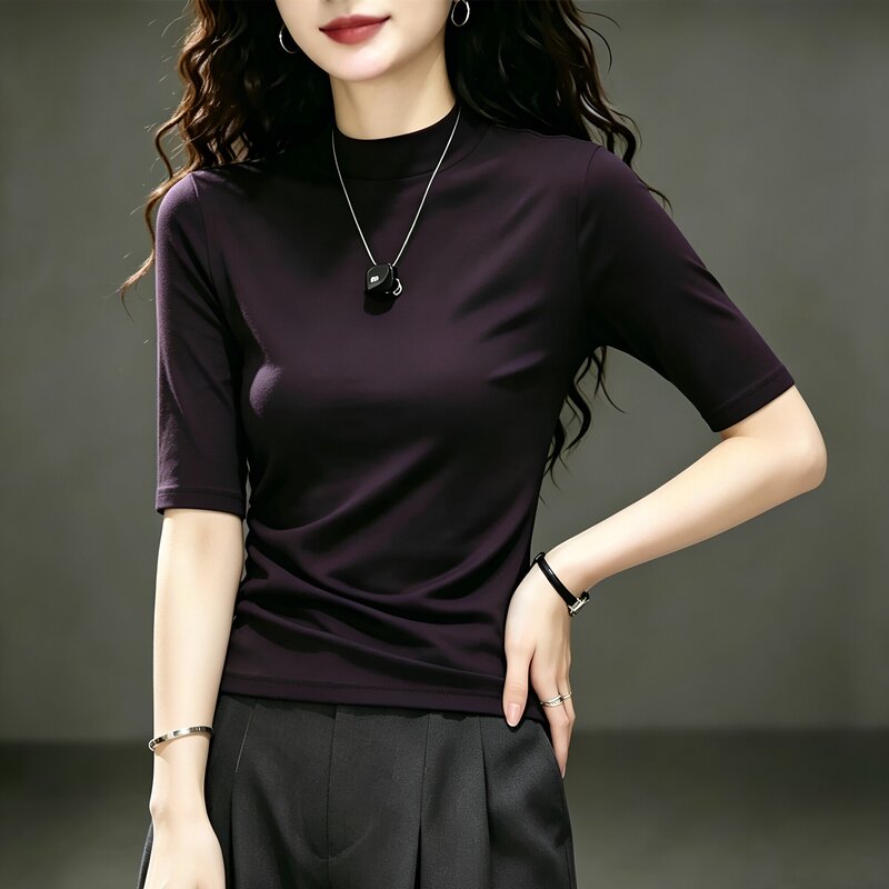 Lyocell Tencel T-Shirt for Women, Mid-Sleeve, Spring, Autumn, Summer, Elegant, Slim Fit, Plus Size, Korean Style, Purple Top Lyocell Tencel T-Shirt for Women, Mid-Sleeve, Spring, Autumn, Summer, Elegant, Slim Fit, Plus Size, Korean Style, Purple Top