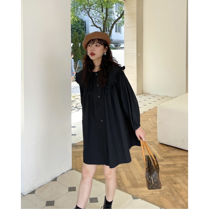 French Retro Doll Collar Mid-Length Shirt Dress for Women 2023 Summer and Autum Age-Reducing Cute Long-Sleeved Skirt