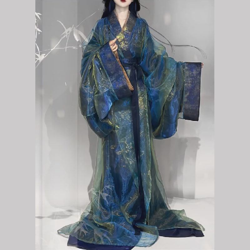青い戦国時代のローブ漢服の女性の服の妖精の大きな袖の尾のまっすぐな裾の古代の衣装古代スタイルのダンスのパフォーマンスの服2025新しい