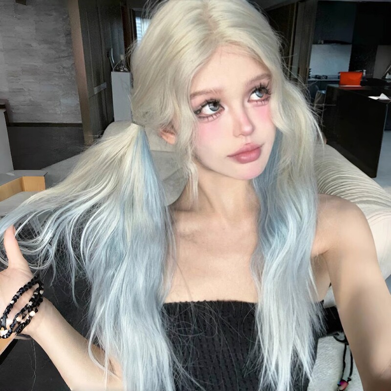 Mermaid Tears Wig for Women, Small Lace, Blue and White Highlights, Middle Part, Long Curly Hair, Elegant Everyday Wig