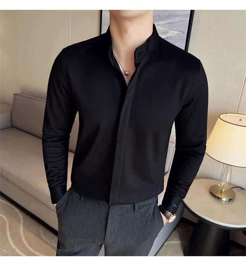 Джинсовая рубашка 中山领衬衫男长袖2025秋季新款立领新中式改良中山装毛呢内搭衬衣 Tvso