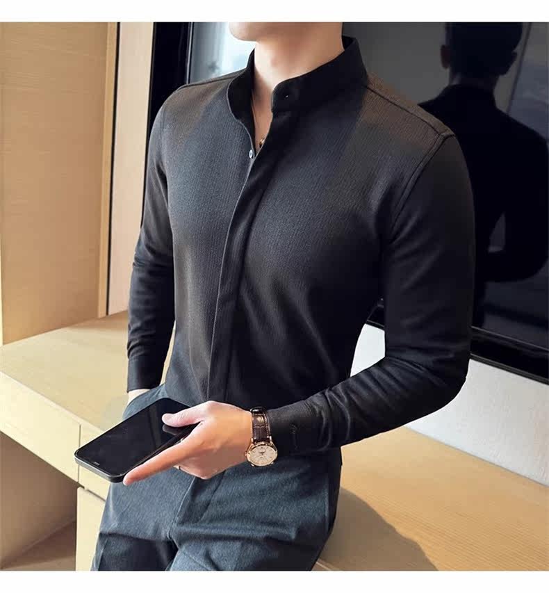 Джинсовая рубашка 中山领衬衫男长袖2025秋季新款立领新中式改良中山装毛呢内搭衬衣 Tvso