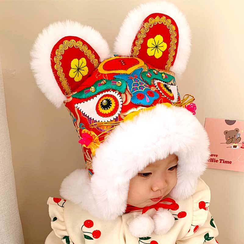 Tiger Head Hat Children Boys and Girls Children Traditional Handmade Red Baby New Year Year Tiger Year Hat