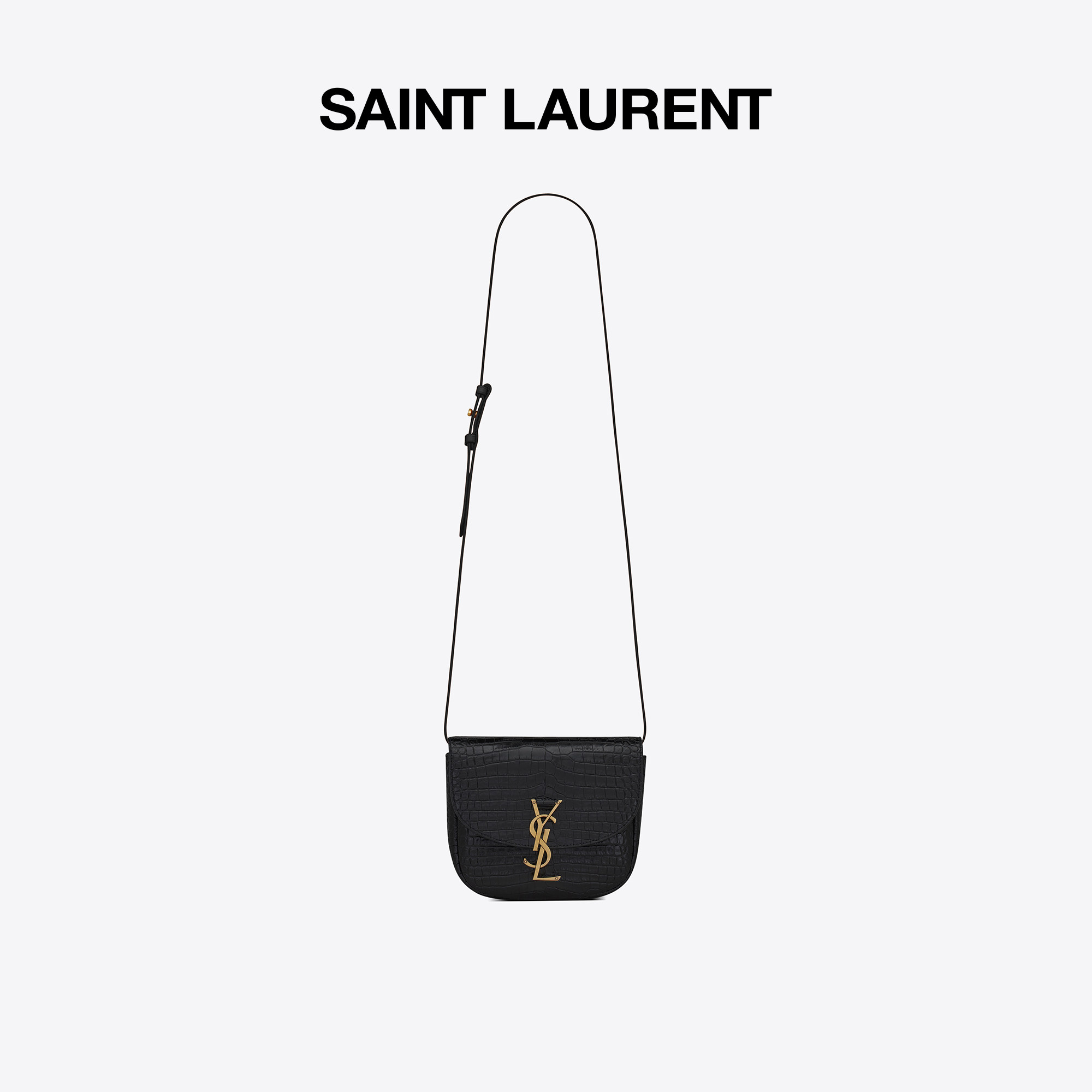 YSL Saint Laurent Women's KAIA Small Black Glossy Crocodile Embossed Leather Messenger Bag Shoulder Bag