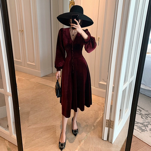 Весеннее красное бархатное летнее платье, французский стиль, в стиле Шанель, V-образный вырез