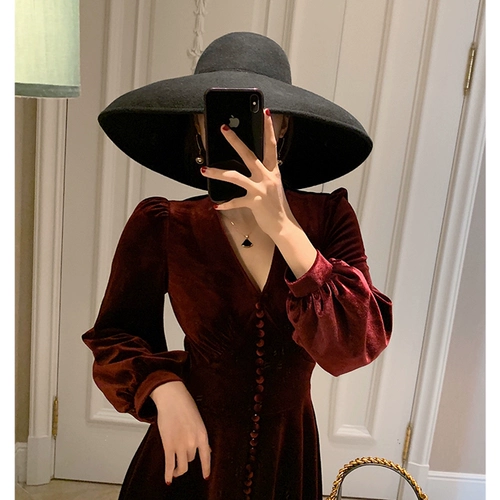 Весеннее красное бархатное летнее платье, французский стиль, в стиле Шанель, V-образный вырез