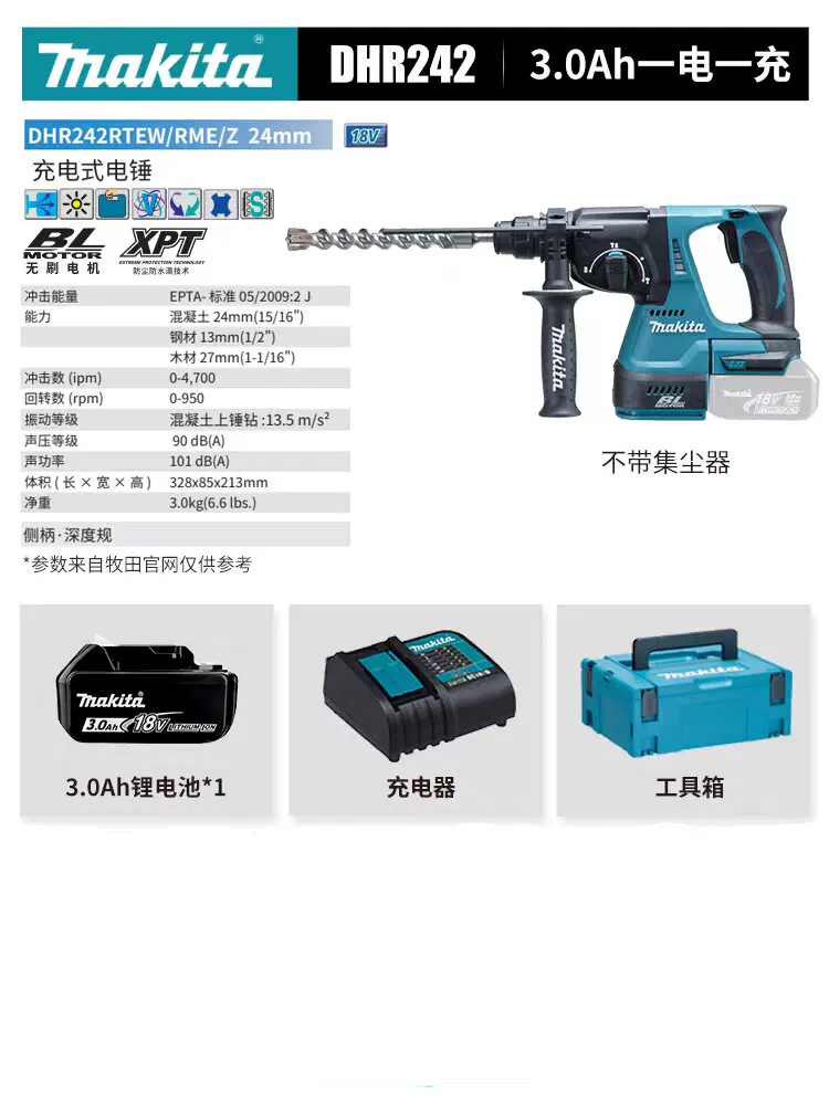 Makita DHR242 электрическая ударная дрель ударная дрель многофункциональная гидравлическая и электрическая сверление бетона электрическая лопата и кирка 18V литиевый аккумулятор