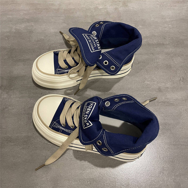 Blue High-Top Thick-Soled Canvas Shoes for Women 2026 Spring New Style with Hidden Height Increase, Dual-Wear Sneakers, Lace-Up Casual Sports Shoes Blue High-Top Thick-Soled Canvas Shoes for Women 2026 Spring New Style with Hidden Height Increase, Dual-Wear Sneakers, Lace-Up Casual Sports Shoes