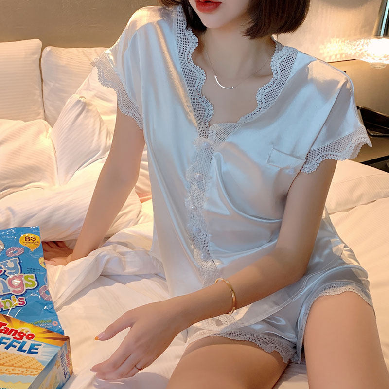 Thin ice silk sleepwear woman 2021 Summer new Korean version lace lace snowspun short sleeve two-piece suit Home Suit Home Clothing