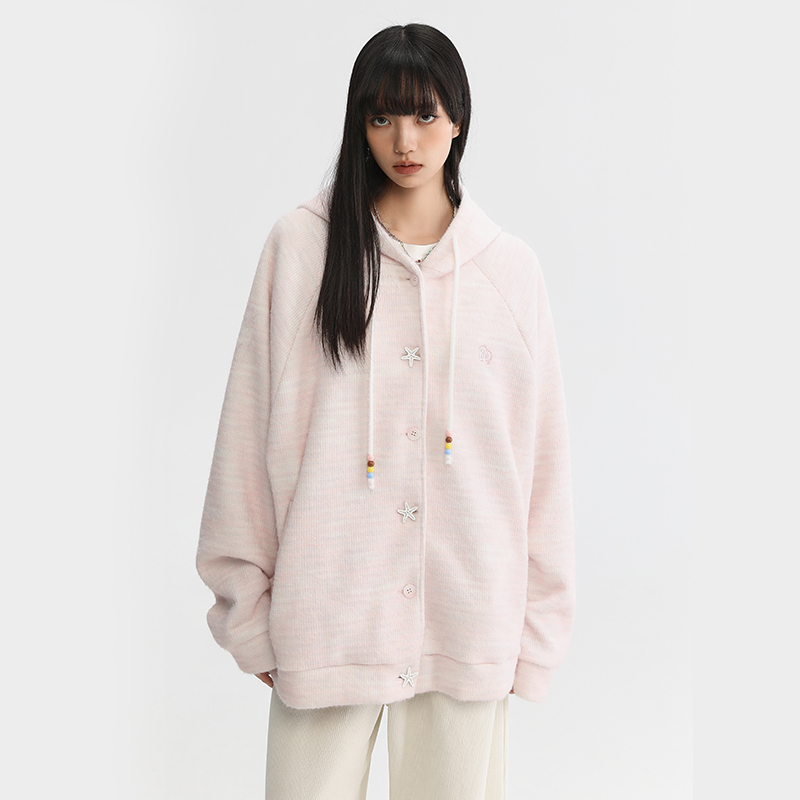 Pink Ers Co-Branded Sweet and Soft Marshmallow Plush Cardigan, Lazy Hooded Knitted Sweater, Casual Sweatshirt