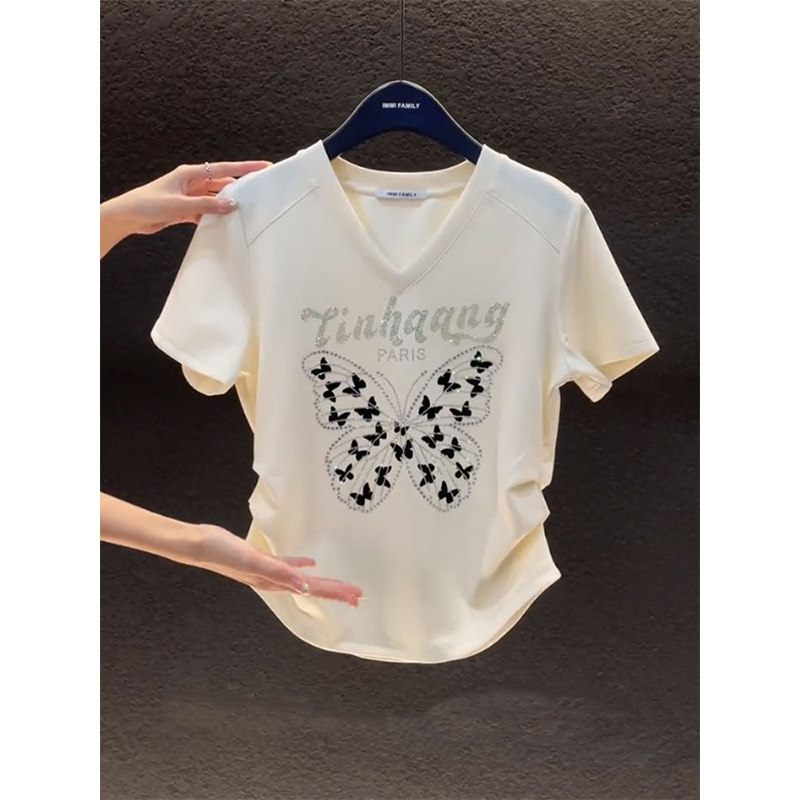 欧洲站时尚撞色镶钻2024短袖t恤女夏季v领蝴蝶褶皱收腰别致上衣女