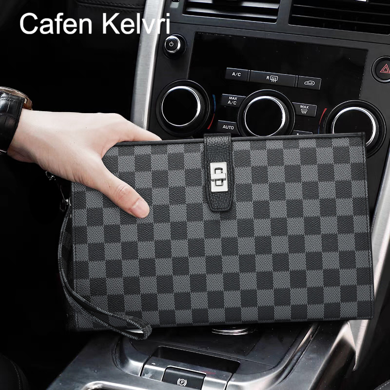 Handbags Man Genuine Leather New Tide Card Plaid Business Casual Fashion Theft Protection Button Lock Large Capacity Minima Light And Luxurious Texture