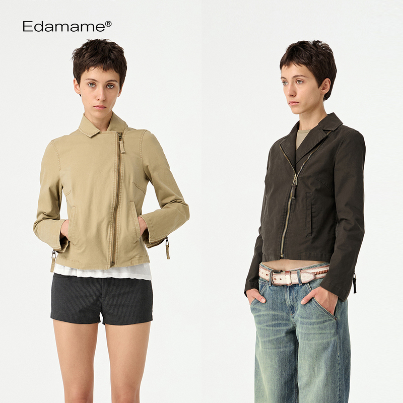 Emm Vintage Washed Cotton Diagonal Placket Biker Jacket Vintage Biker Jacket