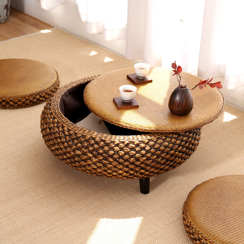 Hand-woven balcony low table tatami small tea table bedroom home windowsill table Zen small tea table can be stored