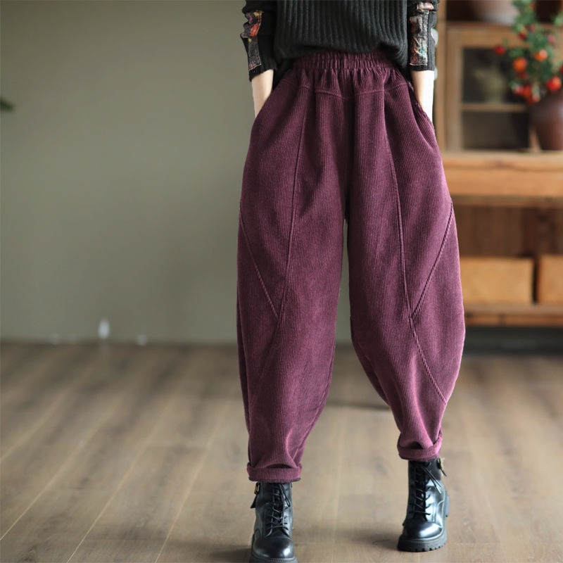 Corduroy Pants for Women 2026 Autumn and Winter Harem Pants Loose Fit Fleece-Lined Thick Striped Corduroy Lantern Dad Carrot Baggy Pants