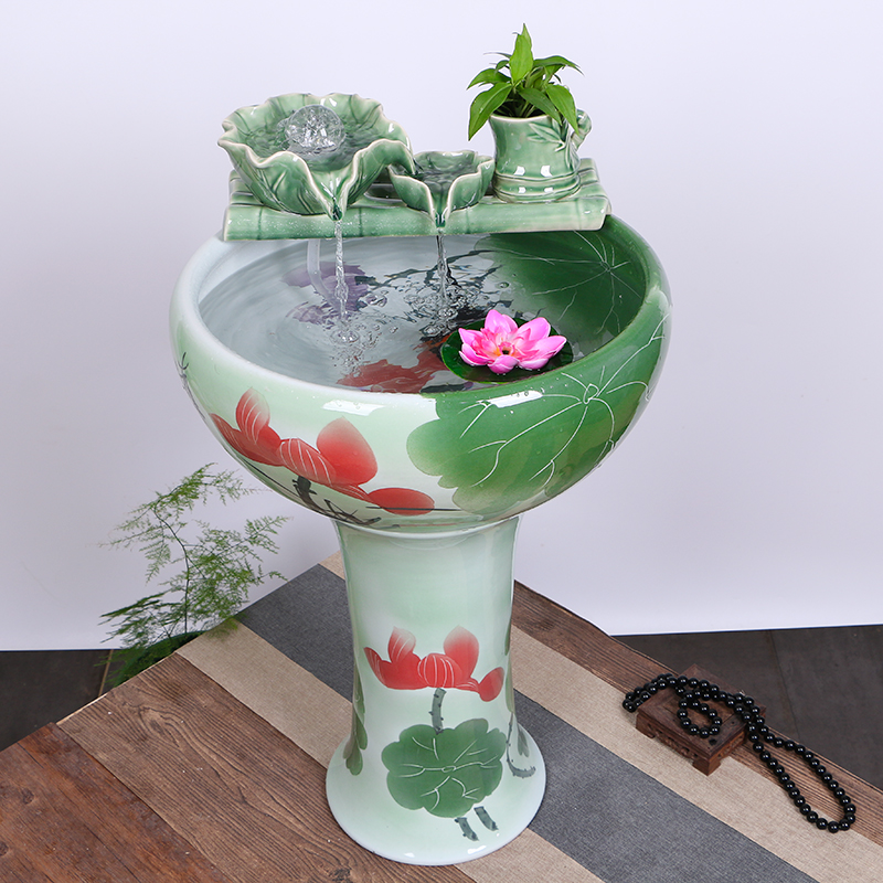 Ceramic floor-standing column fish tank home water fountain large bowl lotus water lily turtle fish pot landscaping decoration
