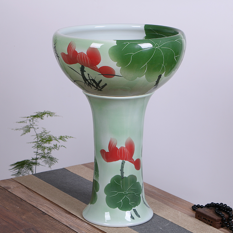 Ceramic floor-standing column fish tank bowl lotus water lily basin large turtle fish basin hand-painted goldfish basin living room landscaping
