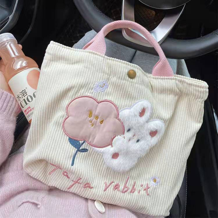 ins style cute cartoon corduroy embroidery handbag women's large-capacity shoulder bag autumn and winter student canvas bag